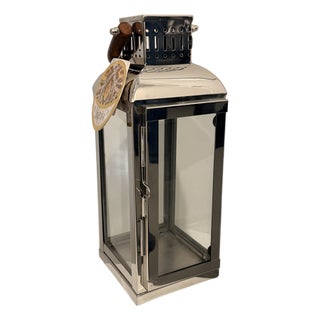 Vintage Indian Stainless Steel and Glass Lantern With Wooden Handle, Modernist Design For Sale