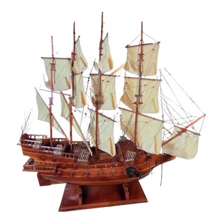 Large Handcrafted Wooden Three-Masted Sailing Ship Model With Cloth Sails For Sale