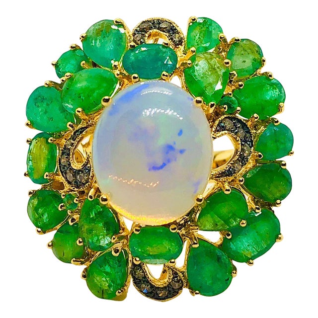 Bochic “Orient” Vintage Diamond, Emeralds & Fire Opal Ring Set In 18K Gold & Sil For Sale