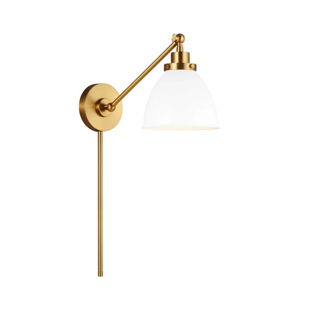 Contemporary Chapman & Myers by Visual Comfort Studio Wellfleet Single Arm Dome Task Sconce, Matte White & Burnished Brass For Sale - Image 3 of 5