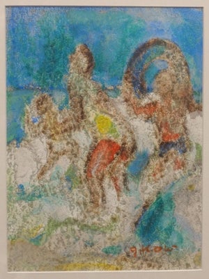 Ruth Gikow, Modernist Beach Scene Painting, Playing Ball in Surf, WPA Jewish Woman Artist, c.1950s