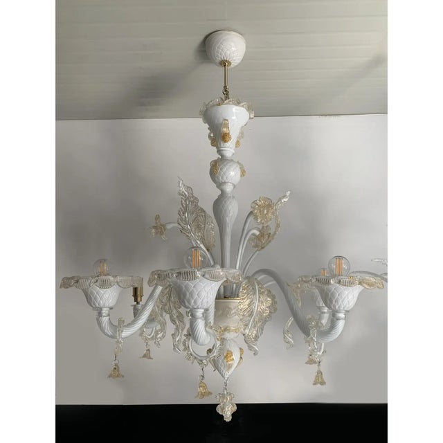 Murano Glass Chandelier in Milky and Gold With Flowers and Leaves For Sale - Image 11 of 13