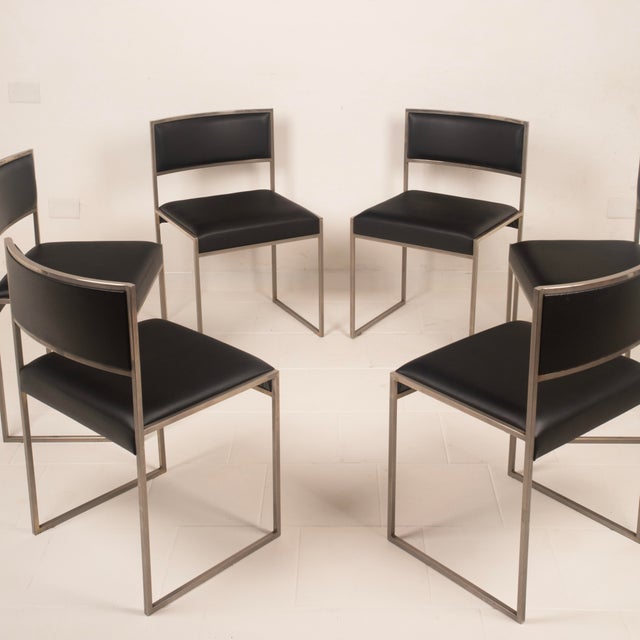 Italian SQ Dining Chairs in Brushed Steel and Black Vegan-Leather, 1970s, Set of 6 For Sale - Image 17 of 18