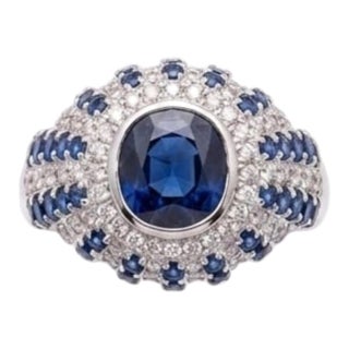 Stunning 18k Gold Sapphire and Diamond Halo Cocktail Ring, New Design For Sale