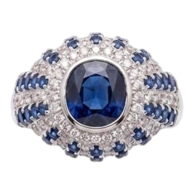 Stunning 18k Gold Sapphire and Diamond Halo Cocktail Ring, New Design For Sale