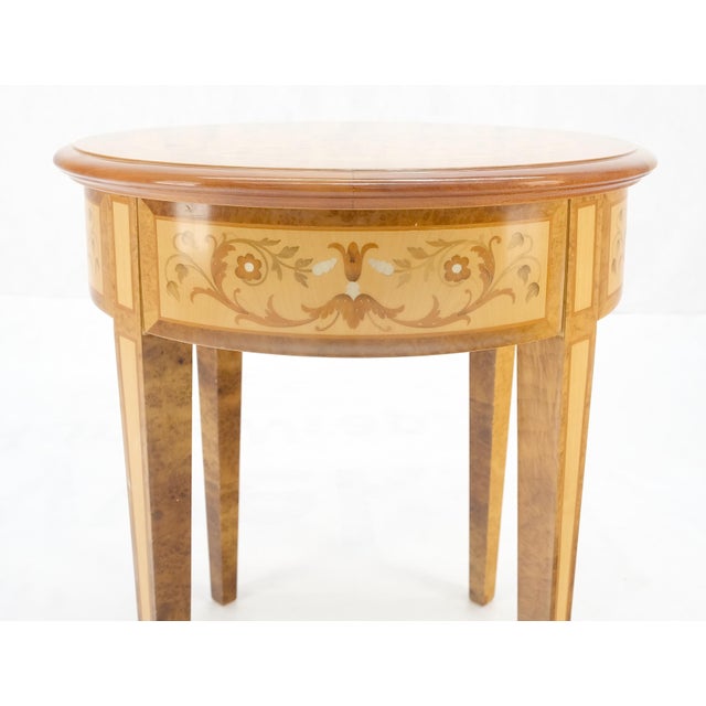Round 20" in Diameter Inlayed One Drawer Burl Wood Tapered Legs Stand End Side Occasional Lamp Table MINT!