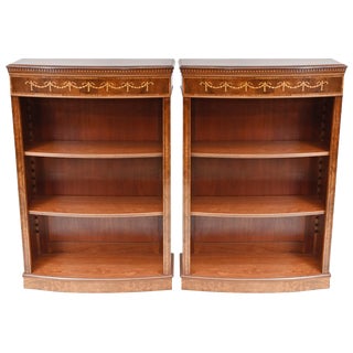 Walnut Bookcases with Open Front & Sheraton Inlay, Set of 2 For Sale