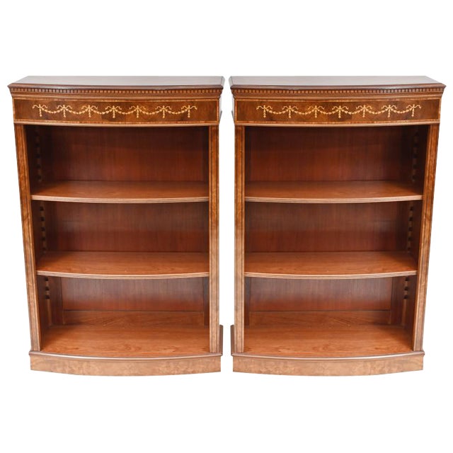 Walnut Bookcases with Open Front & Sheraton Inlay, Set of 2 For Sale