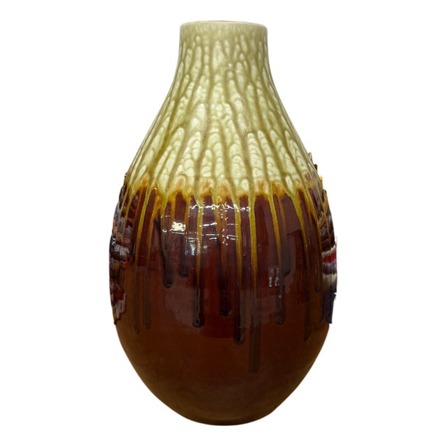 Amber Brown Vase with Cream and Gold Drip Glaze Finish For Sale