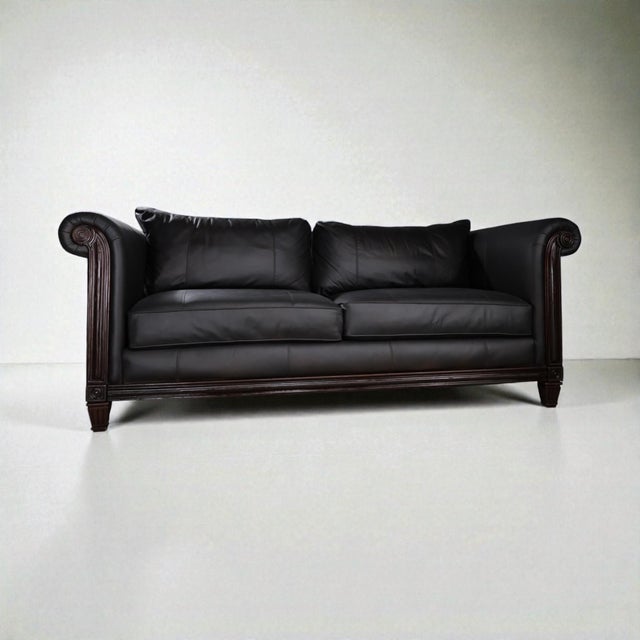 Black Black Leather Sofa With Carved Wood Base – Classic Rolled Arm Design For Sale - Image 8 of 9