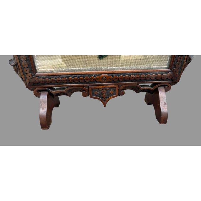 Wood Antique Victorian Carved Walnut Firescreen With Floral Beaded Needlework Panel For Sale - Image 7 of 12