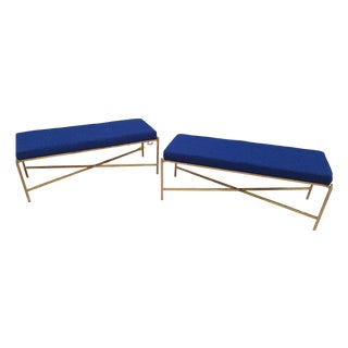 Benches in Brass and Electric Blue Fabric, 1990s, Set of 2 For Sale