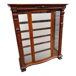 Antique American Renaissance Revival Style Solid Tiger Oak Mirrored Display Cabinet. 19th Century.with Key.