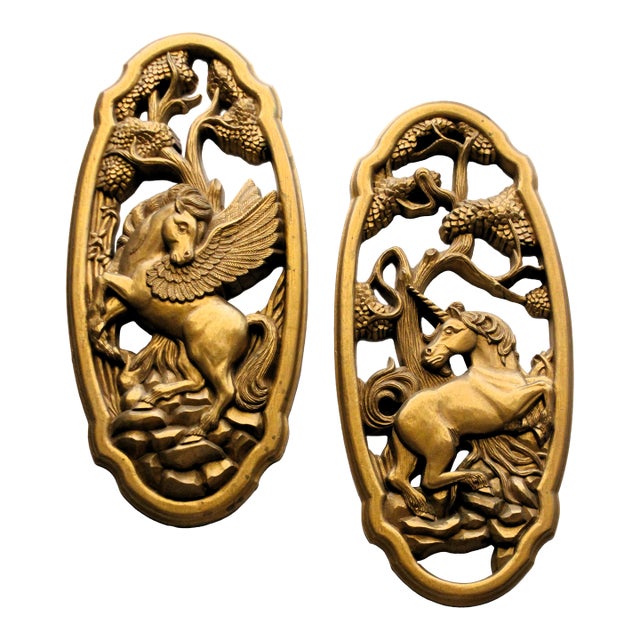 1970's Gilded Wall Plaque Pair/Mythical Creatures/Antique Gold For Sale