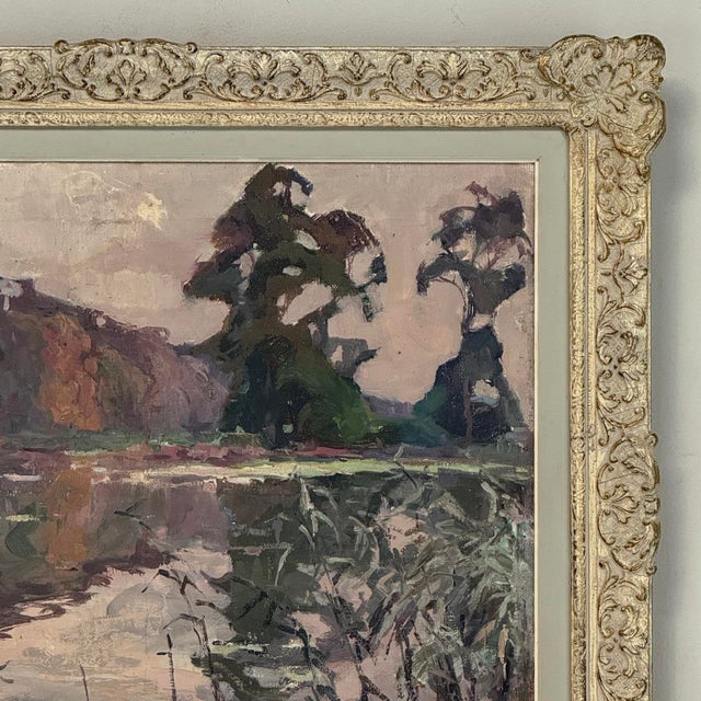 Burnt Orange Framed Oil Painting on Canvas by Jean Stevan (1896-1962) 'The Pond in Autumn' For Sale - Image 8 of 15