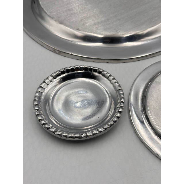 1970s Vintage Mexican Heavy Aluminum Pewter Dinner Charger, Dessert, Coaster Plate 3pc For Sale - Image 5 of 7
