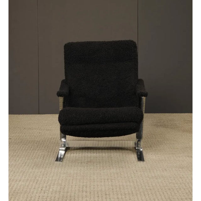 Textile Vintage Mid-Century Milo Baughman Style Chrome Lounge Chair With Black Bouclé, 1970s For Sale - Image 7 of 18