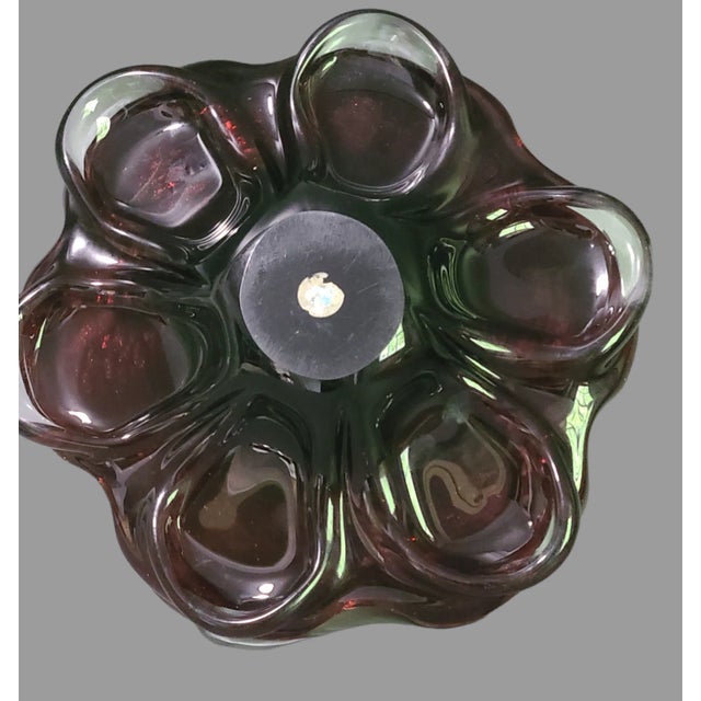 Mid-Century Modern Vintage Murano Art Glass Flower Shaped Bowl Blum Purple Color Copper Dust Original Label For Sale - Image 3 of 9