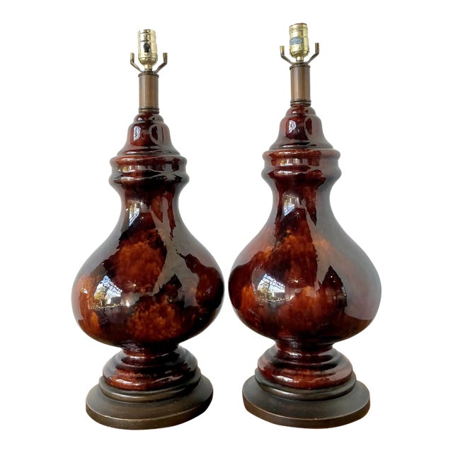Vintage Boho Chocolate Glazed Ceramic Lamps - A Pair For Sale
