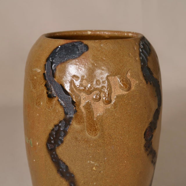 Mid 20th Century Organic Wheel Thrown Wood-Fired Stoneware Vase With Snake-Like Raised Surface Lines For Sale - Image 5 of 15