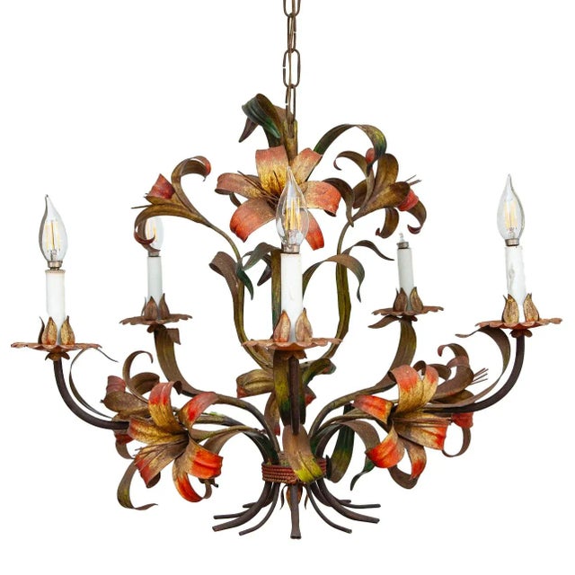 1950s Italian Tole Lilly 5 Light Chandelier For Sale - Image 4 of 11
