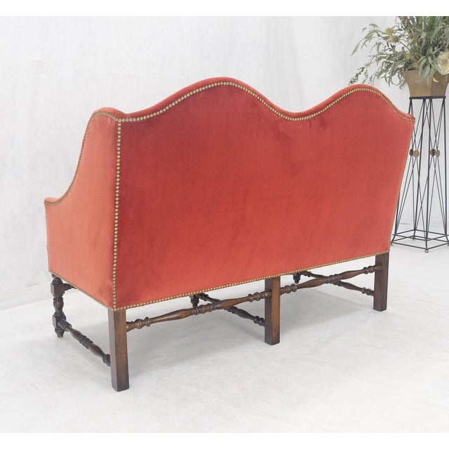 William & Mary Style Brick Red Camel Back Upholstery Walnut Base Sofa Loveseat For Sale - Image 6 of 15