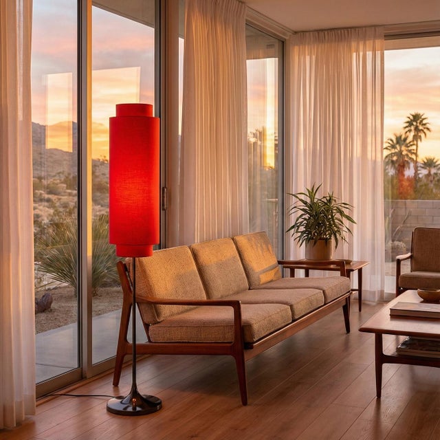 A bold reissue of a beloved 1963 classic, the Lollipop Floor Lamp from NOVA of California features a vibrant crimson red...