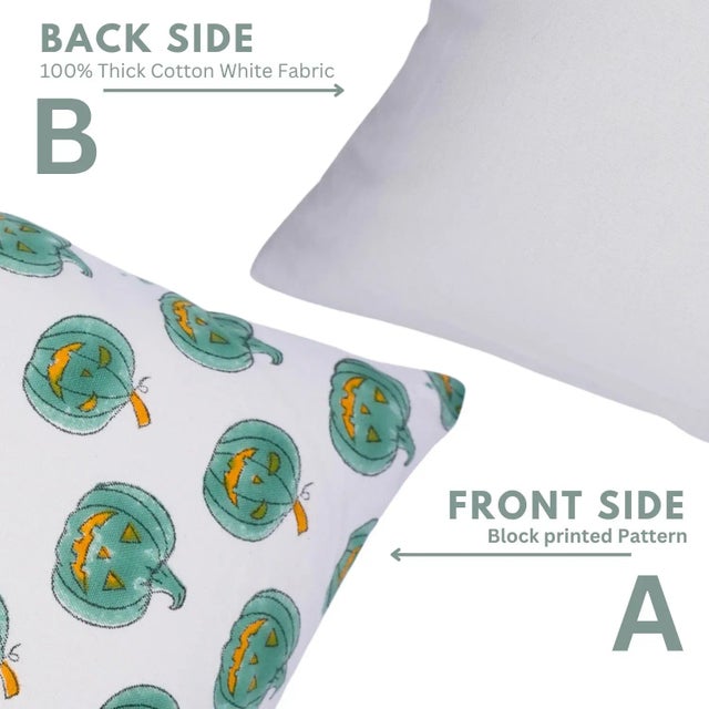 Fabdivine Handmade Halloween Pumpkin Block Print Pillow Cover Spooky Cotton Cushion for Sofa, Couch & Chair Size 20x20 For Sale - Image 4 of 5