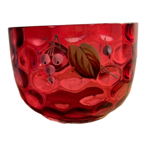 Antique Cranberry Glass Small Finger/Serving Bowl With Hand Painted Enamel Berries and Flowers