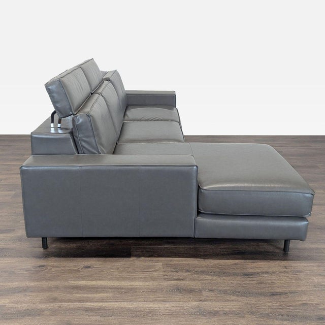 West Elm Axel Gray Leather Reclining Sectional Sofa With Motion Recliner For Sale In San Francisco - Image 6 of 8