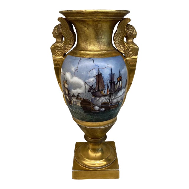 Antique French Hand Painted Gold Gilt Vase Depicting Ships in Battle For Sale