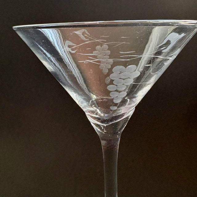 Vintage Handmade Etched Grapevine Martini Glasses With Tulip Stems – Set of 3 For Sale In Miami - Image 6 of 8