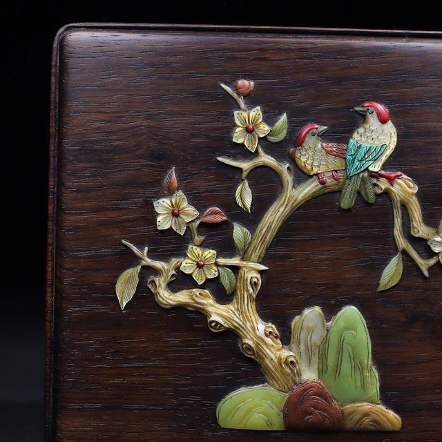 Brown Huali Rosewood Box Inlaid With Hardstone Bird Motif For Sale - Image 8 of 11