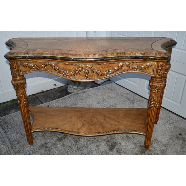 Vintage Ornate Carved & Inlaid Tuscan Style Marble Trimmed Console Table W/Shelf For Sale In Philadelphia - Image 6 of 12