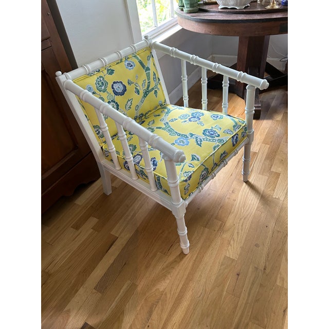 1971 White Chinoiserie Faux Bamboo Club Chairs by Ayers Furniture With Mad Cap Cottage Fabric For Sale - Image 11 of 11