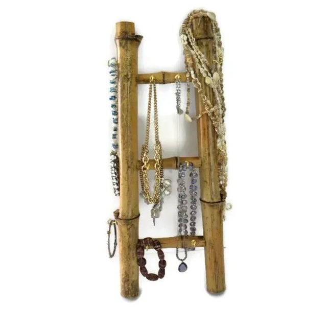 Wood Vintage Boho Bamboo Ladder Jewelry Display For Sale - Image 7 of 10