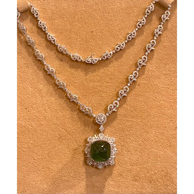 Gemstone GIA 17 Ct Sugar Loaf Cabochon Colombian Emerald & 13 Ct Diamond Necklace 18KWG For Sale - Image 7 of 18
