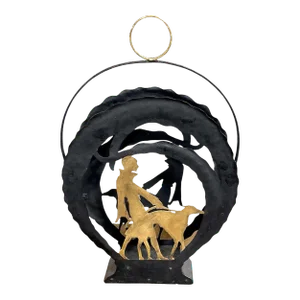 1920s American Art Deco Gilt Iron Flapper Walking Dog Vignette Magazine Rack