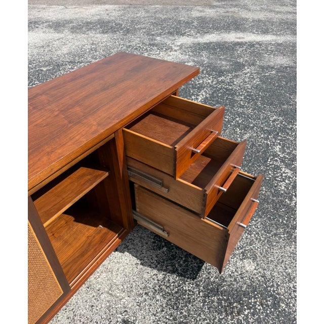 Mid Century Walnut & Cane Front Credenza W Refinished Top For Sale In Tampa - Image 6 of 16