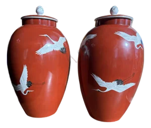 Noritake Nippon Toki Kaisha Japan Ox Blood Red Ginger Jars / Vases With Cranes Circa 1904
