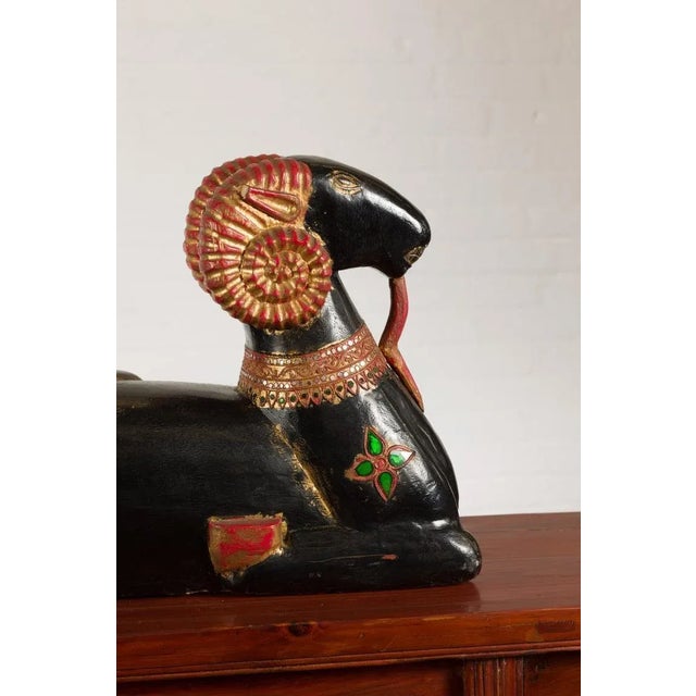 Mid 20th Century Vintage Northern Thai Double Ram Painted Sculpture with Gilt & Jewelry Motifs For Sale - Image 5 of 13