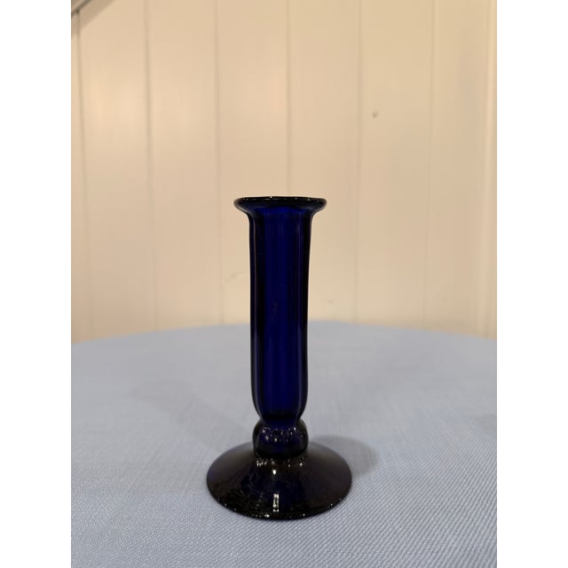 Art Deco Pair of Antique Cobalt Blue Glass Candlesticks, Fluted Column Form For Sale - Image 3 of 10