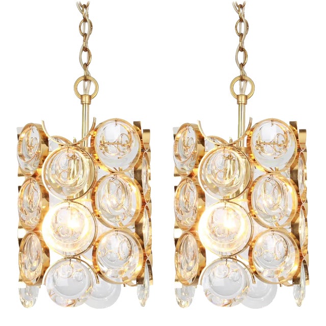 Small Petite Gilded Brass Pendants by Gaetano Sciolari for Palwa, Germany, 1970s, Set of 2 For Sale