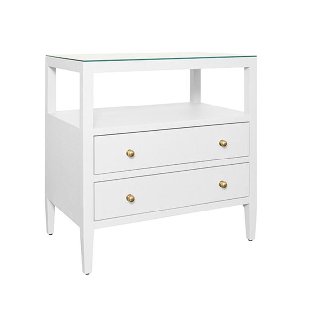 Contemporary Matthew Izzo Home Douglas White Textured Linen Two Drawer Side Table With Open Top Shelf, Polished Brass Knobs and Glass Top For Sale - Image 3 of 7