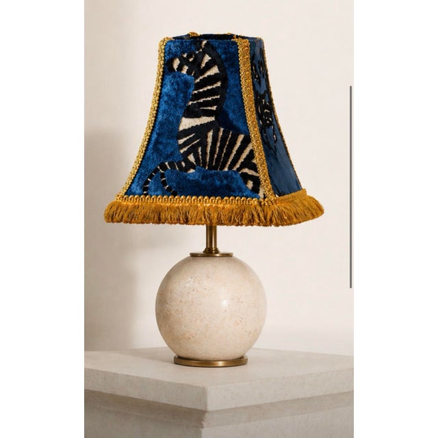Designer- Regal Sapphire/Blue Velvet Zebra Lamp Shade With Gold Trim and Harvest Brush Fringe For Sale - Image 6 of 7