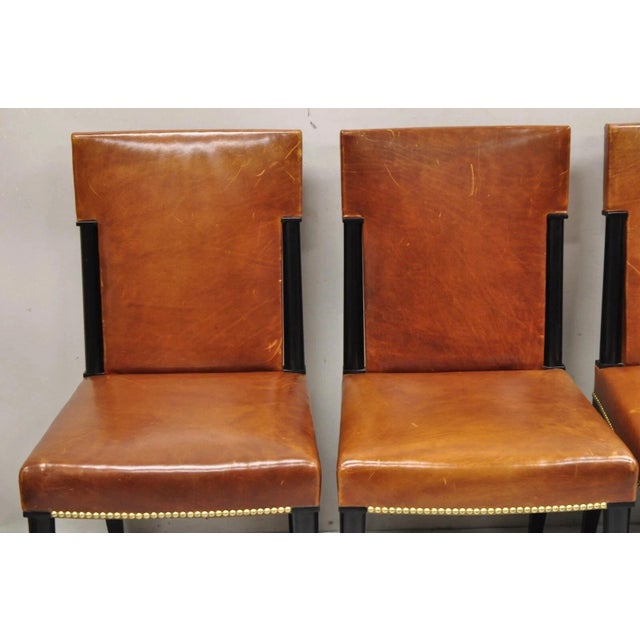 Late 20th Century French Art Deco Style Brown Leather Ebonized Frame Dining Chairs - Set of 8 For Sale - Image 17 of 18