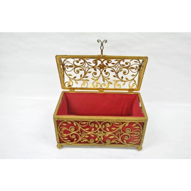 Late 20th Century Late 20th Century Vintage Hollywood Regency Style Gold Gilt Metal Red Jewelry Trinket Storage Box For Sale - Image 5 of 12