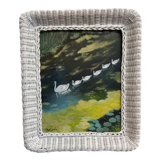 Vintage Swan Family Oil Painting With Wicker Frame For Sale