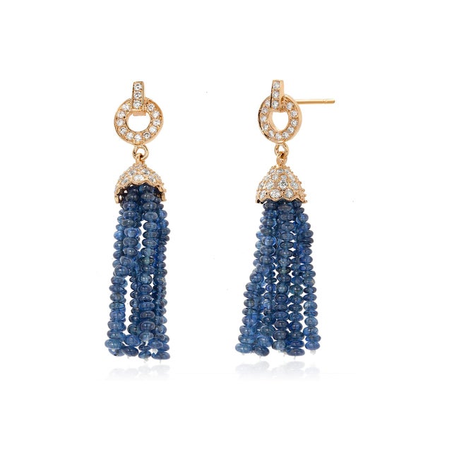 14k Yellow Gold Natural Ceylon Sapphire & Diamond Pavé Tassel Earrings 32 Ct, Pair For Sale - Image 4 of 10
