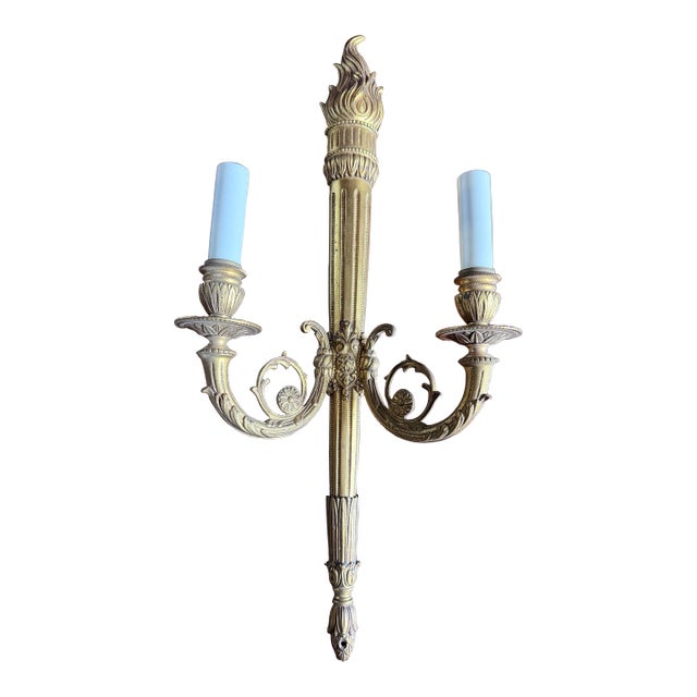 Sconces Beautiful Vintage Neoclassic Brass / Bronze Dore’ With Torch Motif. Wired (Pair). For Sale